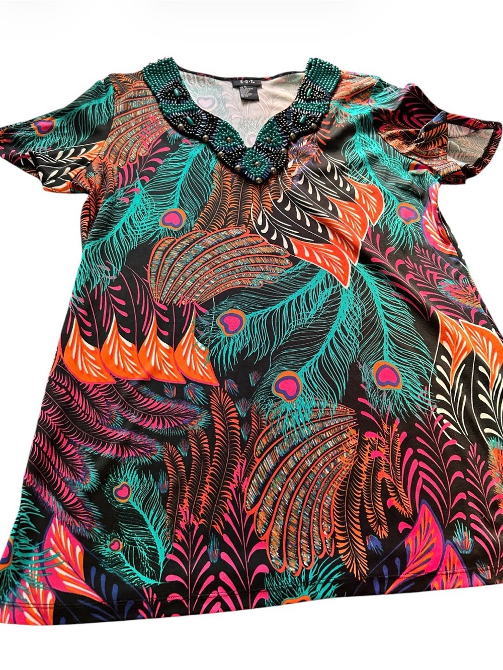 Embellished V-Neck Peacock Print Blouse - Multicolor